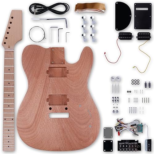 Leo Jaymz Kits de guitarra eléctrica estilo TL DIY cuello de arce asado y diapasón de arce - Cuerpo de caoba y pastillas sin marco - puente trémolo