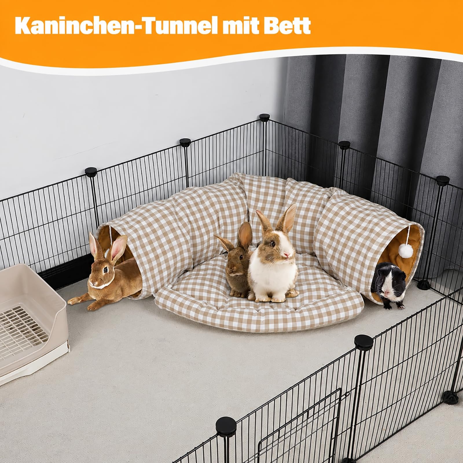 Lit tunnel pour lapin 2 en 1 – Tunnel pliable avec tapis amovible, tunnel douillet lavable pour lapins, cochons d'Inde et chats, espace de jeu et de couchage confortable pour petits animaux
