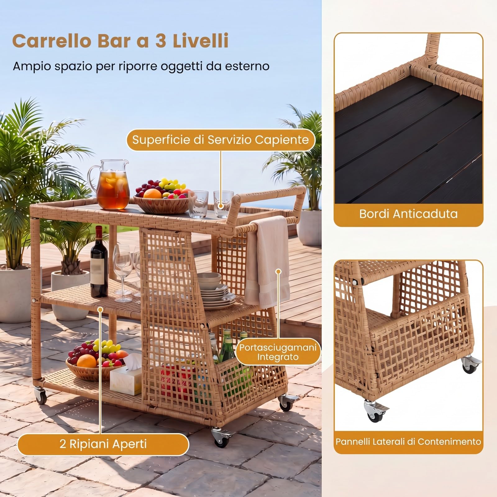 SOARS Carrello Bar in Rattan, Carrello Portavivande con 3 Ripiani Aperti e 4 Ruote, Maniglia Ergonomica, Moderno Carrellino Servizio Esterno Interno per Giardino, Terrazzo, Cucina, 98 X 54 X 92 CM