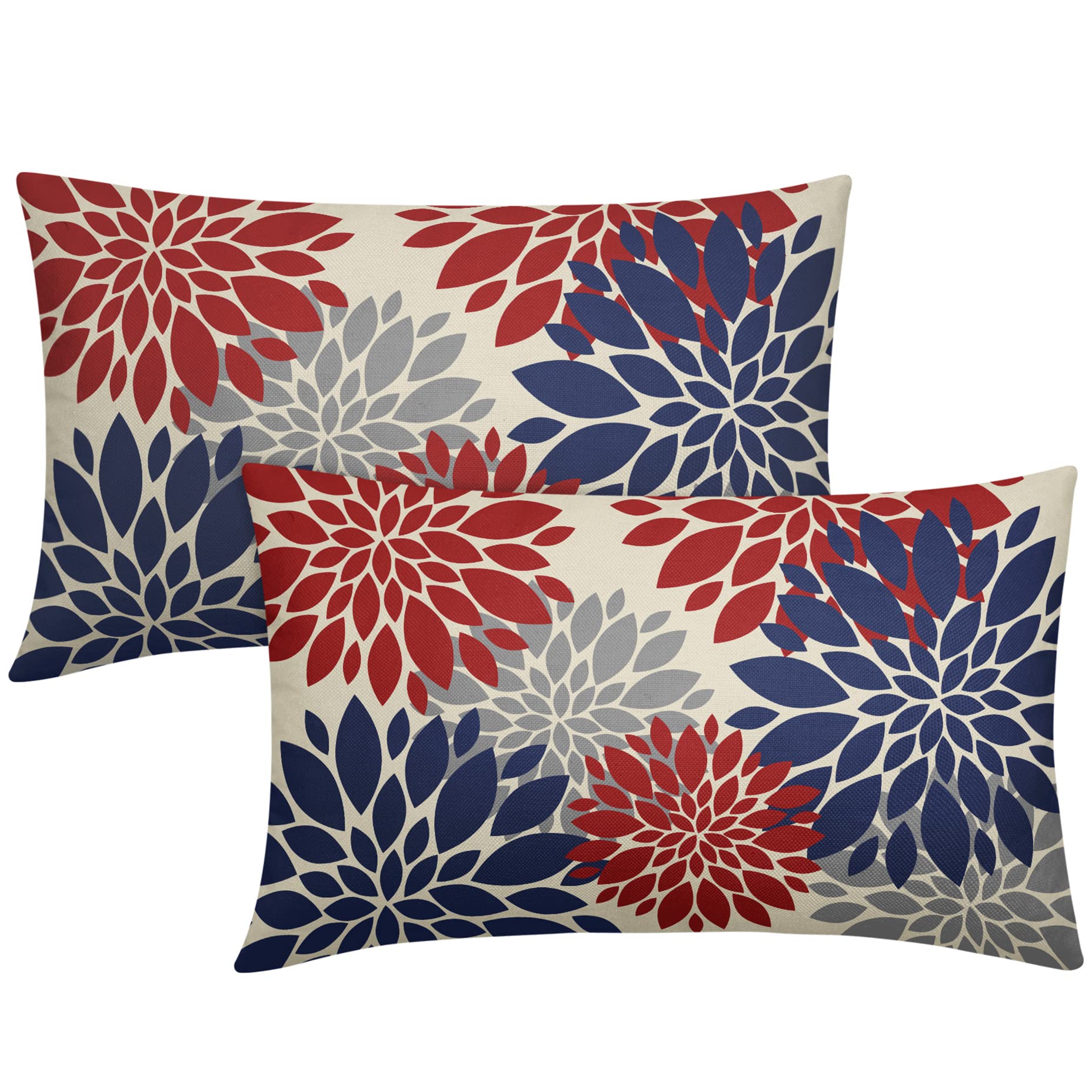 4th of July Pillow Covers 12X20 Inch Set of 2, Patriotic Blue Red Grey Dahlia Floral Print Holiday Decorative Rectangle Throw Pillow Covers Outdoor