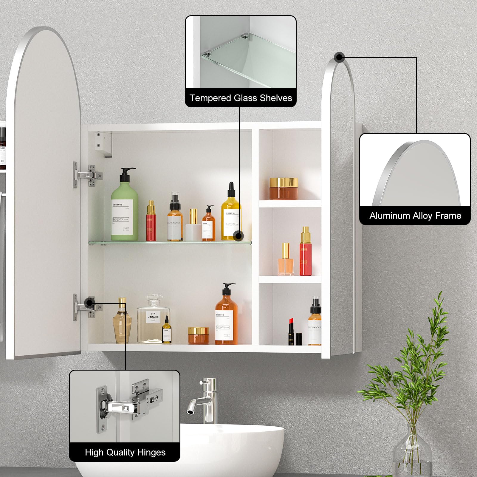 Mepplzian Arched Medicine Cabinet with Mirror, 2 Doors,Brushed Nickel Medicine Cabinet for Bathroom,Surface Mount,Wall Mounted Only,24x28 Inch