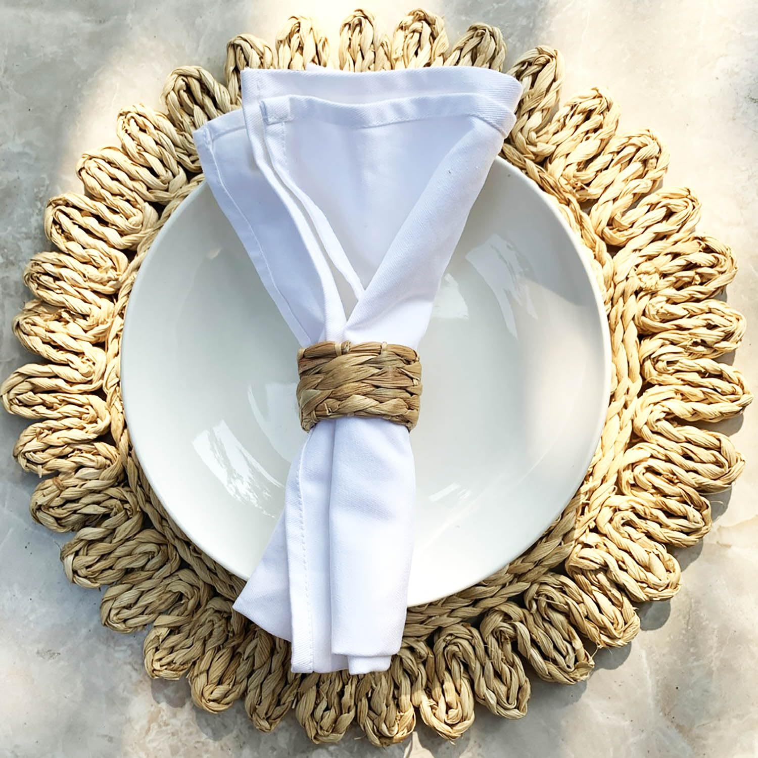 Laquedecraft Set di 12 portatovaglioli in giacinto d'acqua intrecciato, rustico, bohémien, portatovaglioli in vimini naturale, per tavolo da pranzo, feste