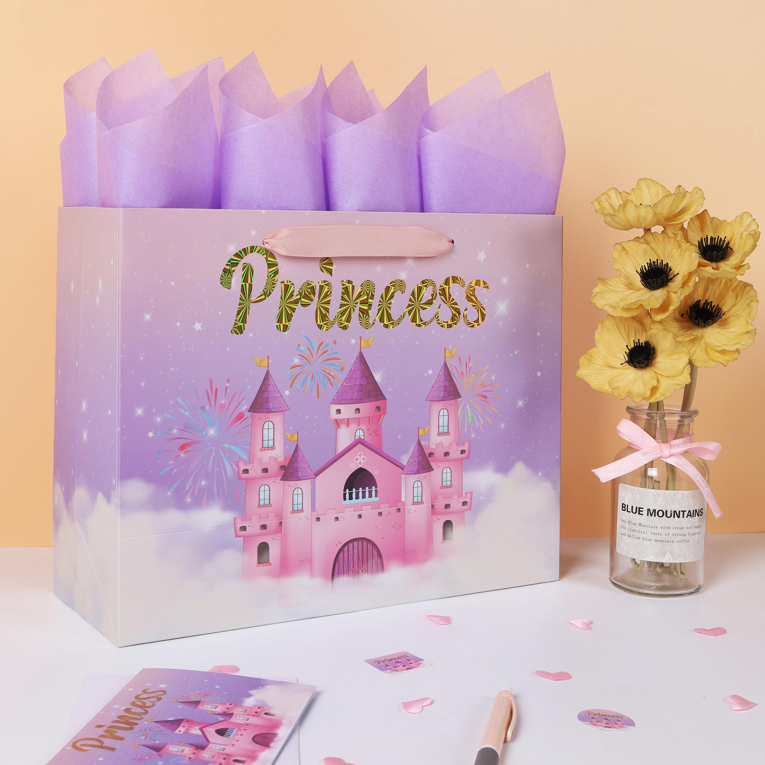 wishinside 13'' Large Princess Gift Bag Set with Handles, Greeting Card, Purple Tissue Papers and Stickers for Women Girls Kids Teens for Birthday Party, Wedding, Anniversary, Castle Design, 1 Pcs