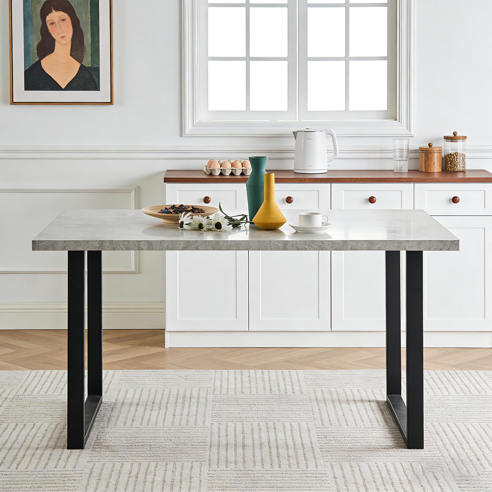AINPECCA Concrete Effect Dining Table,150cm MDF top Dining Room Table with Metal legs,Industial Grey 6 Seaters Dinner Desk for 4-6 Pers