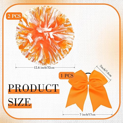 Miniatura 244 de Hanaive 3 pompones de animadora y lazo grande para animadora para el pelo, suministros metálicos para animadora de espíritu de equipo, deportes