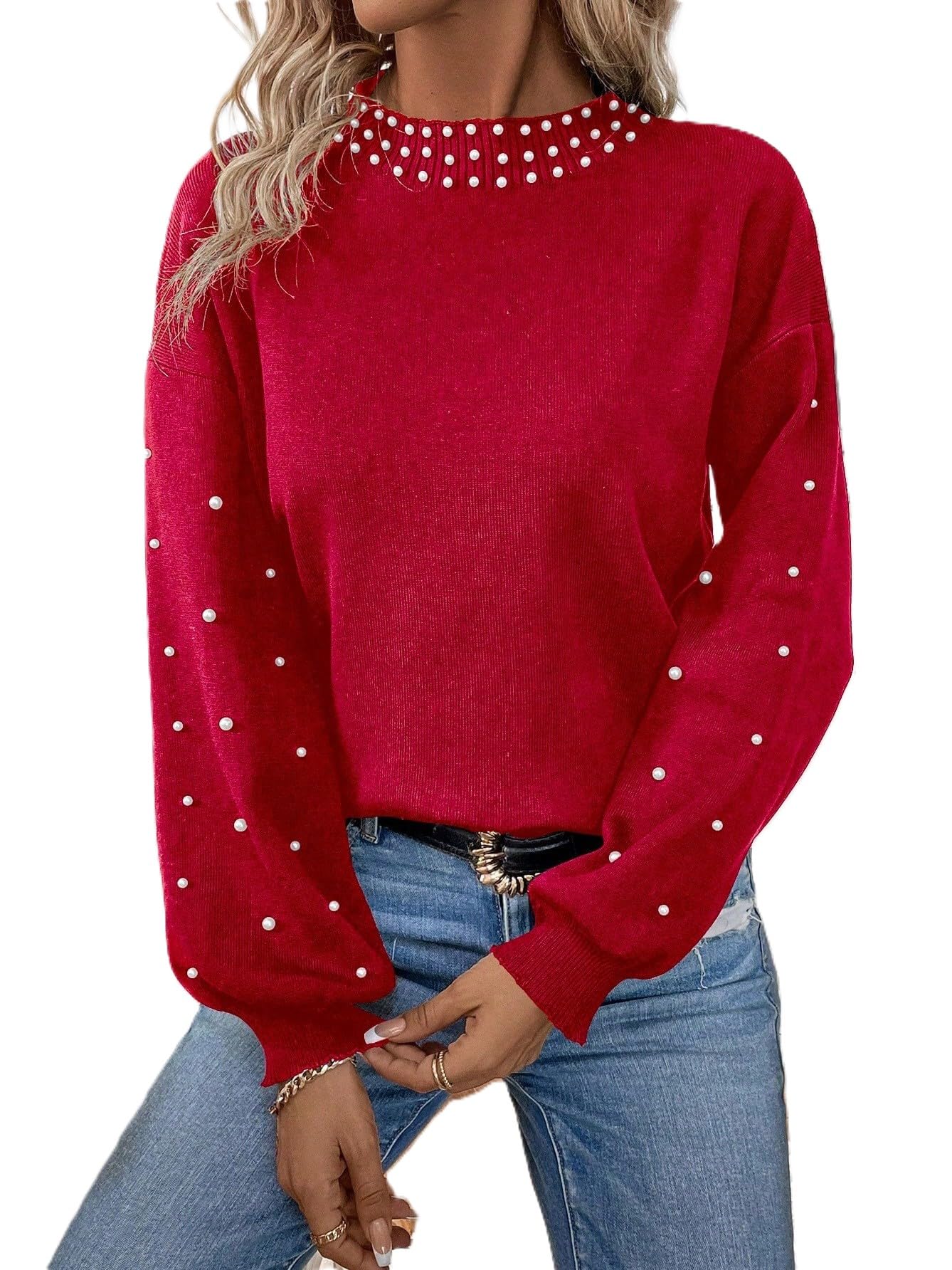 Womens Pearl Sweater Crew Neck Long Lantern Sleeve Chunky Sweater Fall Casual Loose Knit Pullover Top