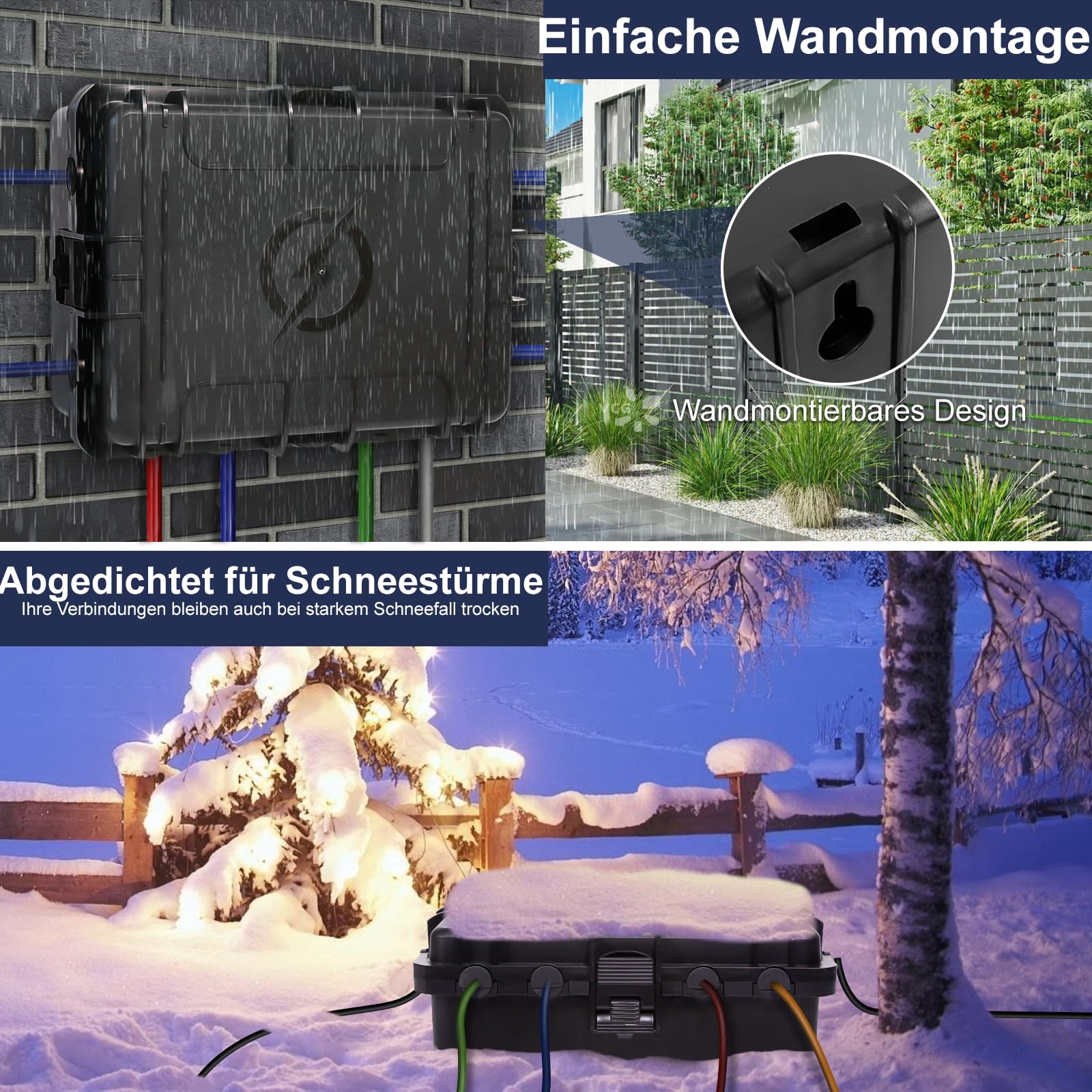 Große wasserdichte Kabelbox für den Außenbereich, wetterfeste Außensteckdose, IP54-geschützte Steckdosenleiste, Timer-Steckdose, Außenstecker, Verlängerungskabel (31 x 23 x 13 cm) - Schwarz