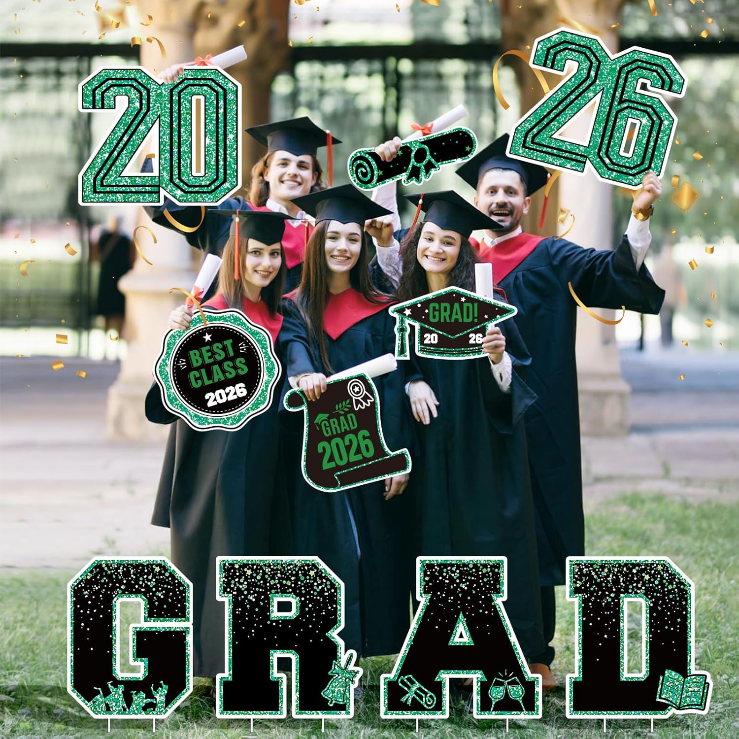 2026 Graduation Decorations Yard Signs – 10PCS Green Congrats Grad Lawn Decorations with Stakes, Graduation Party Supplies, Large Outdoor Graduation Party Decor for High School & College