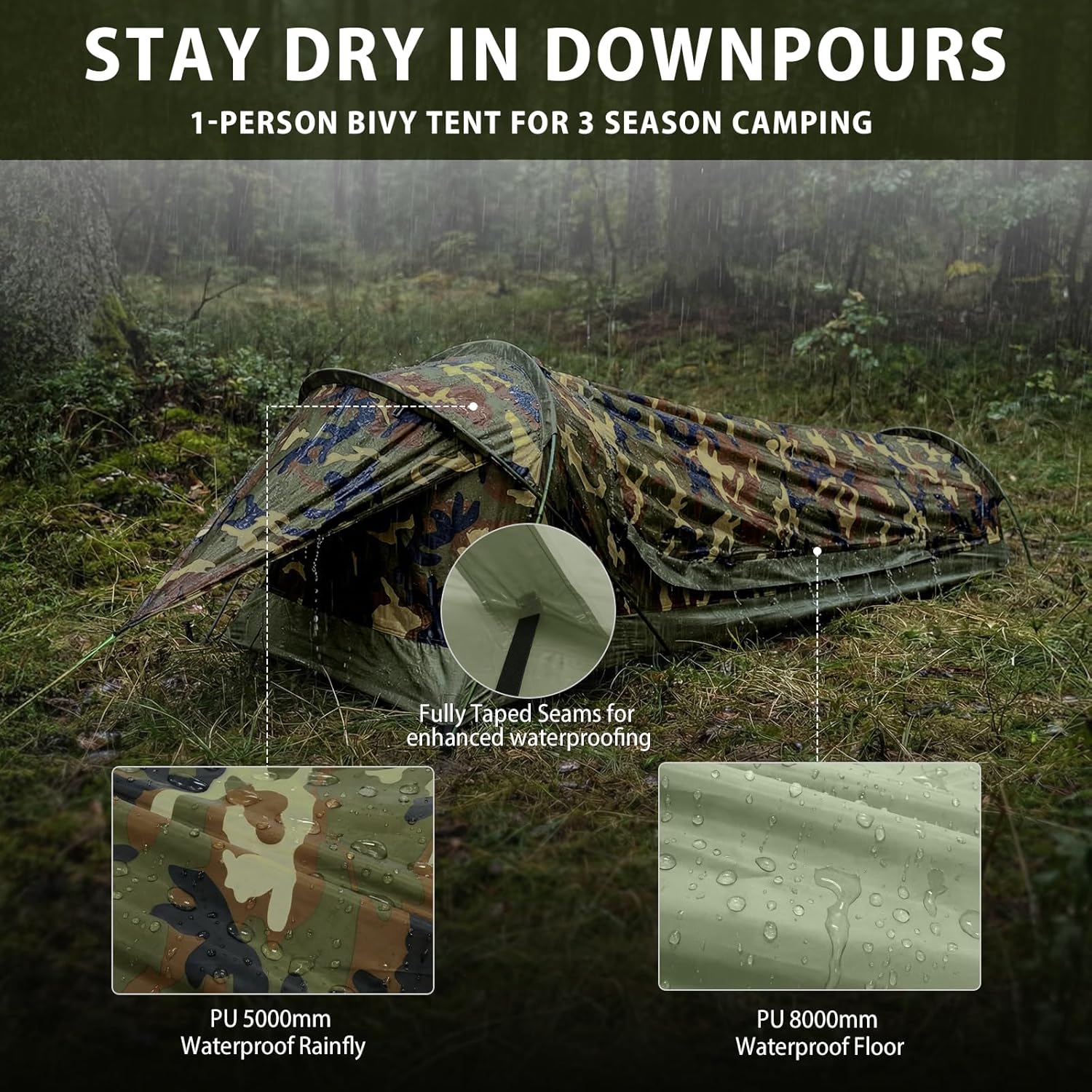 GEERTOP Ultralight Single Person Bivy Tent for Camp Waterproof 1 Man Tent for Camping Hiking Backpacking Hunting Outdoor Survival Gear - Easy Set Up