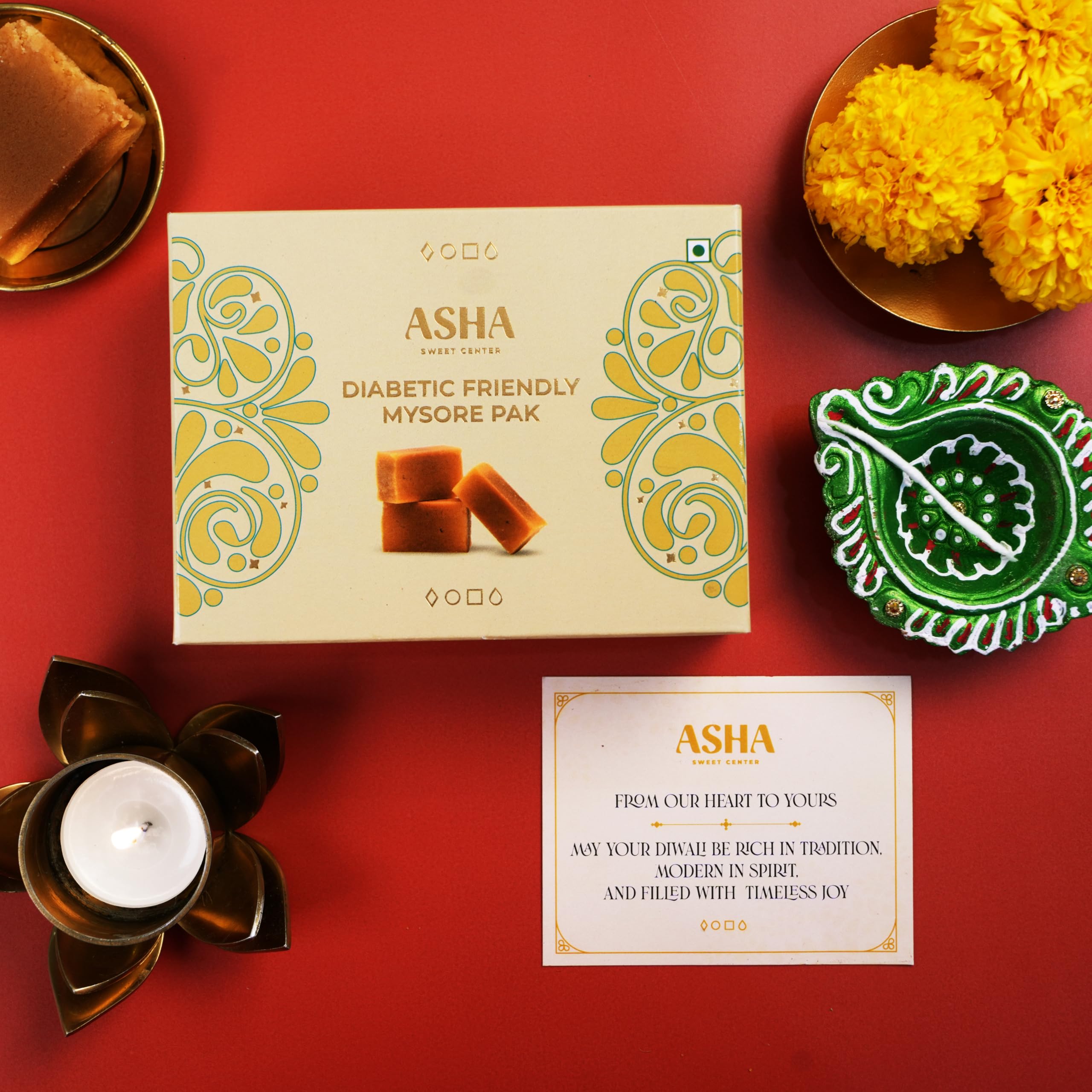 ASHA SWEETS Premium Handcrafted Diabetic Friendly Mysore Pak (Pack of 1 x 250gm) with Diya & Wishes Card| Authentic Indian Dessert Made with Pure Ghee & Low GI Sugar|Diwali Sweet Gift Box |Hamper for Any Occasion & Celebration