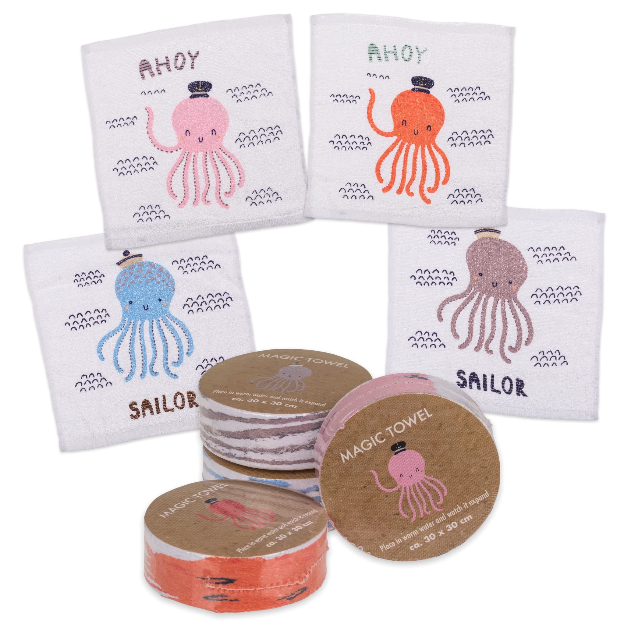 MIK funshopping Set Magischer-Waschlappen Zaubertuch Zauberhandtuch, Mitgebsel Kindergeschenk Tombola (4er Set Kraken)