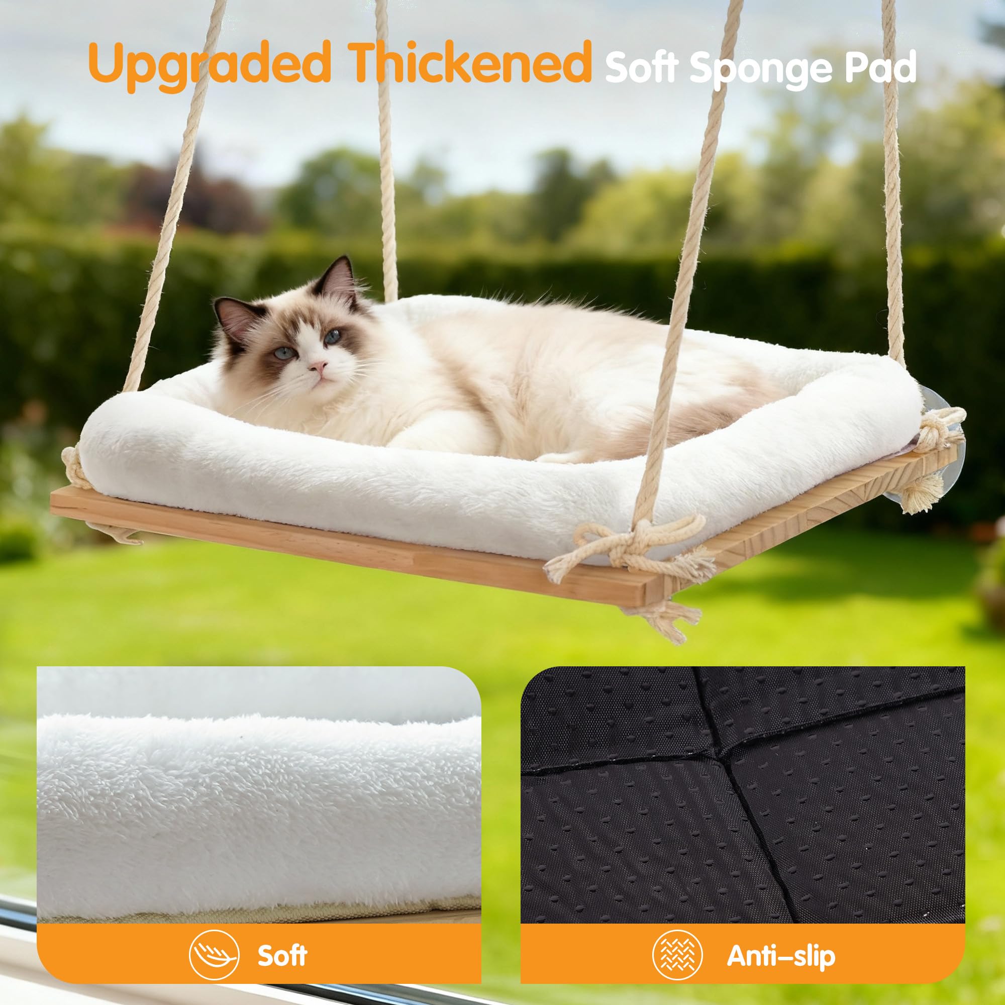 Cat Window Perch, Rustic Cat Hammock Bed with Solid Wood Seat 4 Heavy Duty Suction Cups, Plush Cushion, Indoor Pet Window Hammock for Cats for Large Cats (XL) - image 5