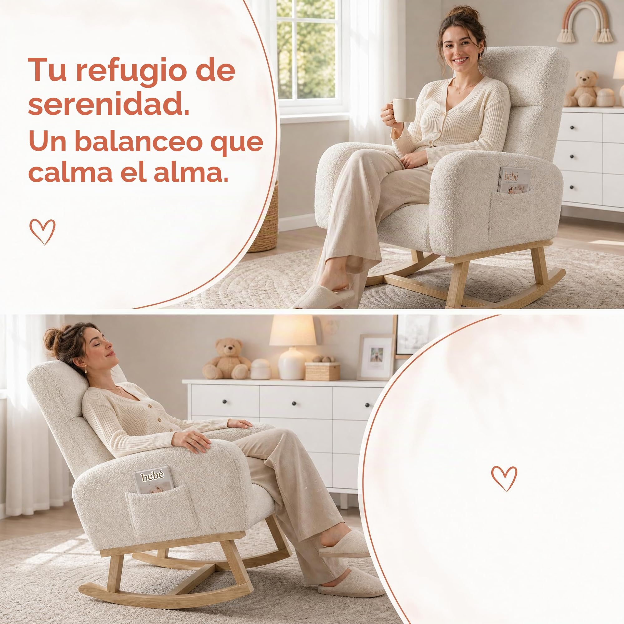 Mecedora, Mecedora con Bolsillos Laterales, Patas de Madera Maciza, sillón, Ideal para el salón y el Dormitorio (Beige)