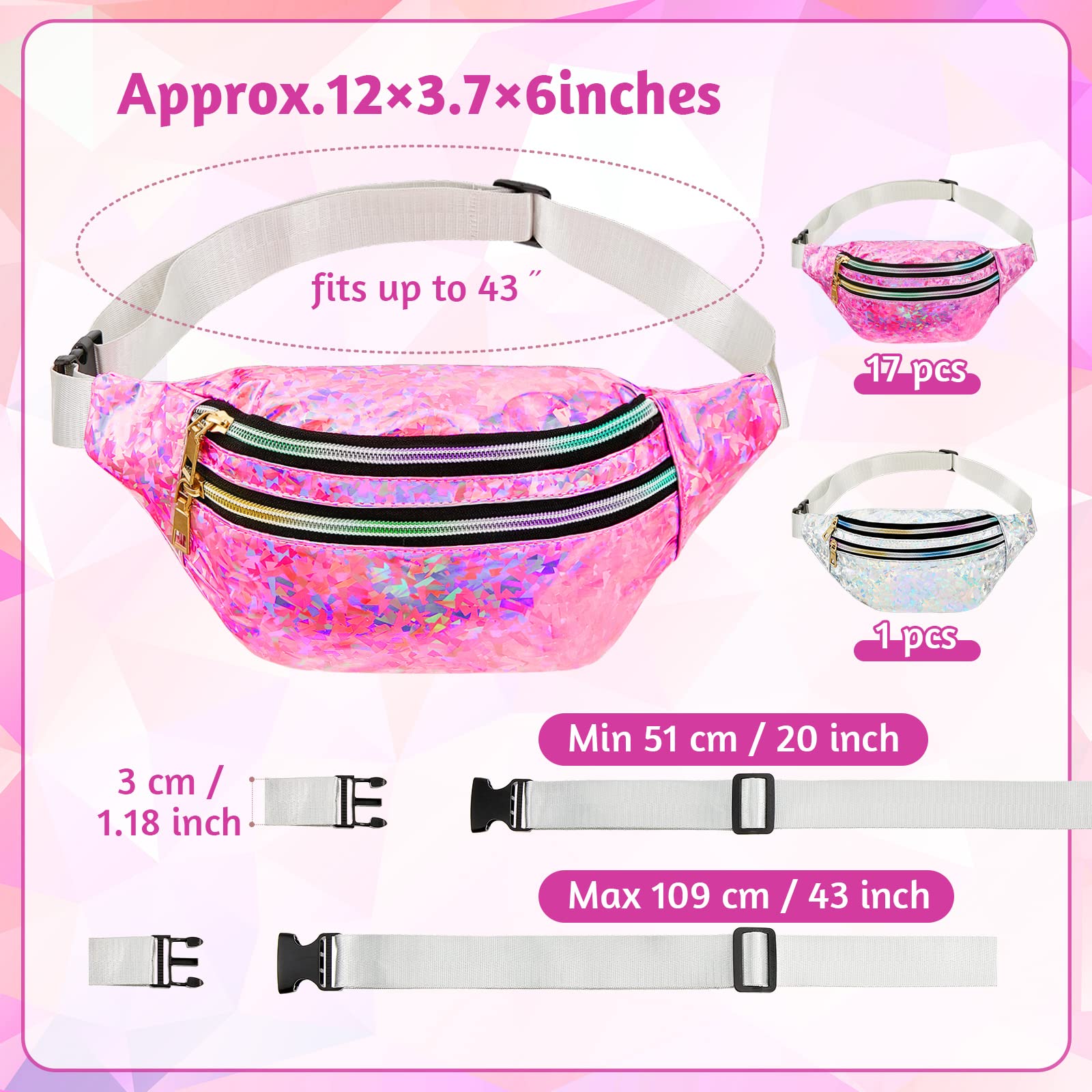 Lot de 12 sacs banane holographiques étanches à paillettes brillantes pour homme et femme, voyage, fête, festival, course à pied, randonnée, cyclisme, fête de mariage, Rose, argenté.