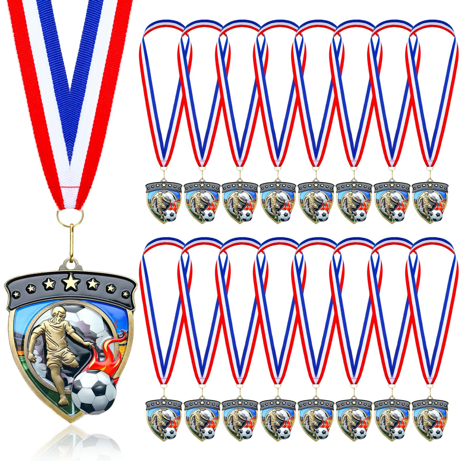 Remuuly 10 medallas de premio de fútbol para adultos, medallas de metal con forma de escudo de 3.35 pulgadas con cintas de cuello a rayas rojas, blancas y azules, para regalo de trofeo de