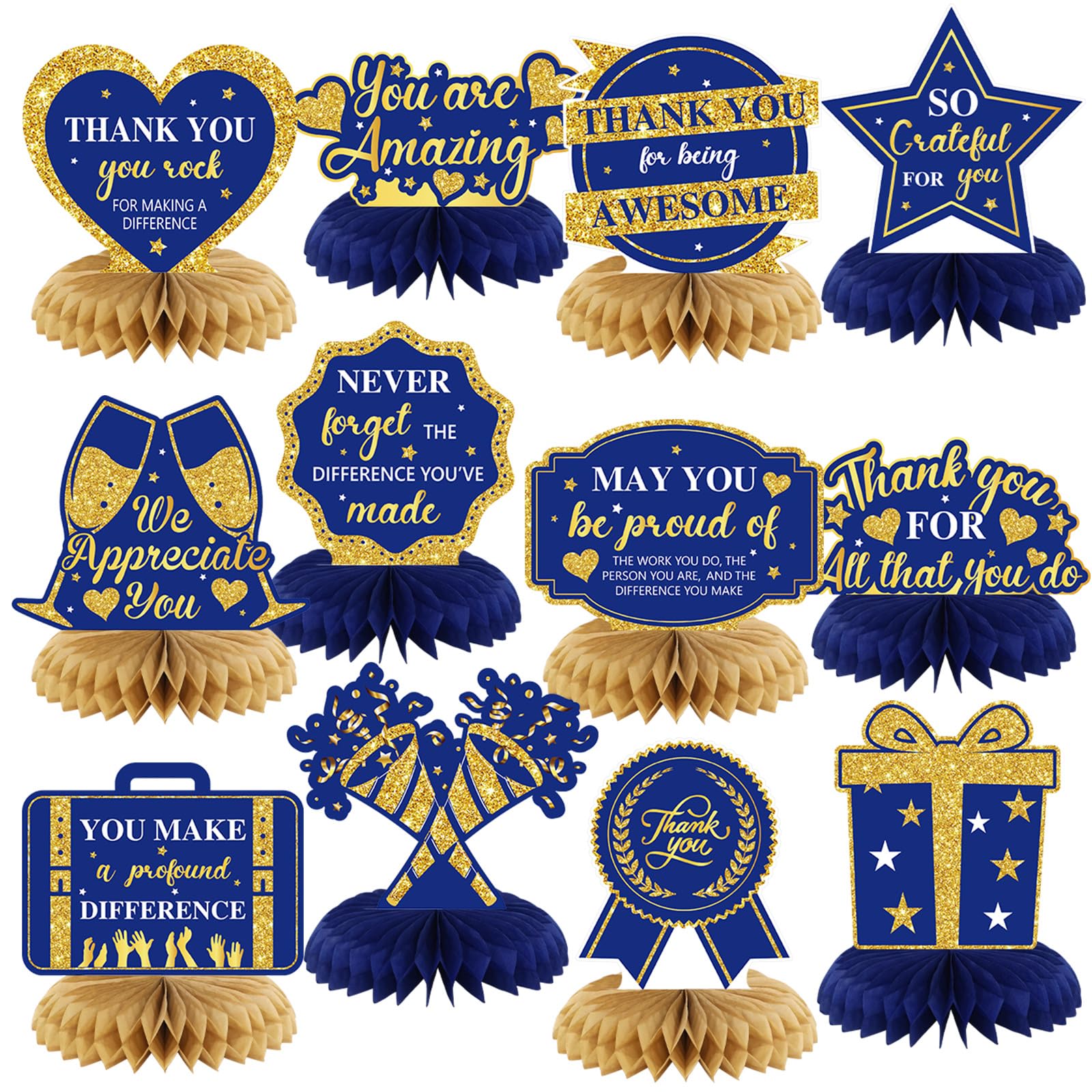 12 Pcs We Appreciate You Decoration Thank You Honeycomb Centerpiece Employee Appreciation Table Decorations Thank Table Topper for Doctor Employee Party Supplies(Gold and Blue)