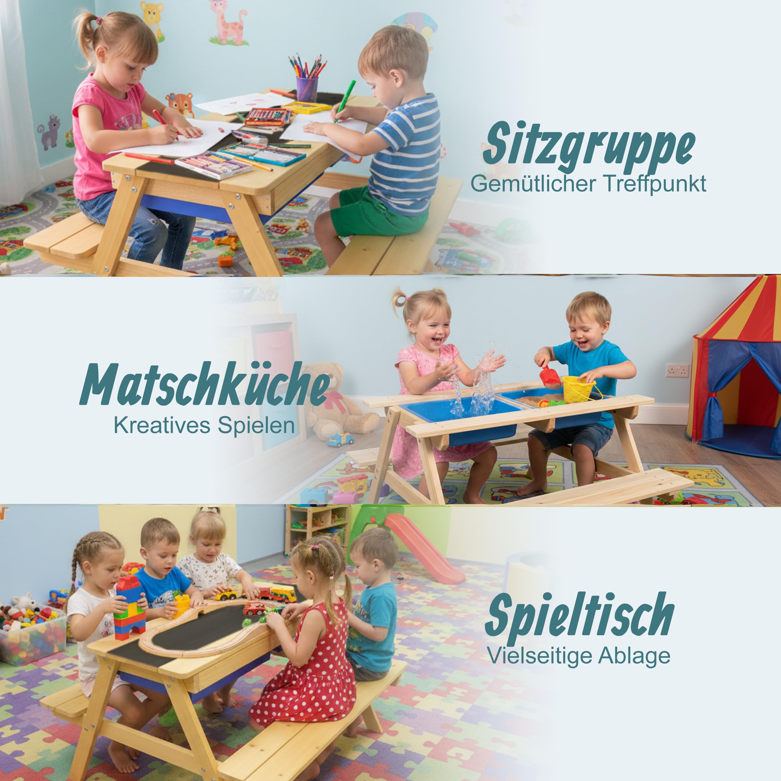 Relaxdays Kindersitzgruppe Holz, 3in1, Spieltisch, Matschküche & Picknicktisch, mit Tafel, HxBxT: 48,5x89x85cm, Natur