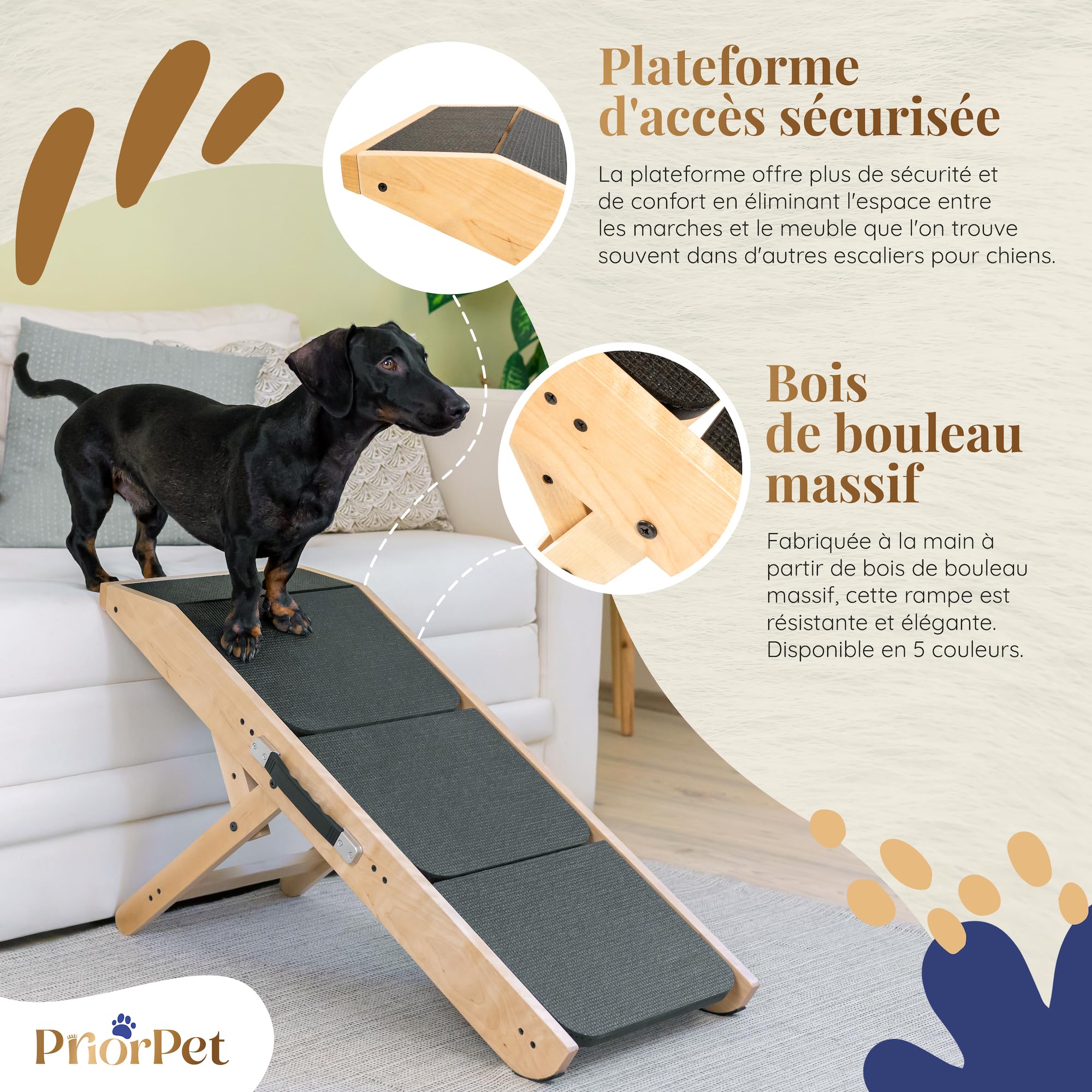 Escalier pour Chien canapé & lit 2-en-1 Rampe Chien réglable en Hauteur pour canapé 18-50 cm - Escalier pour Animal - Escalier Transport Facile avec Plateforme, Naturel