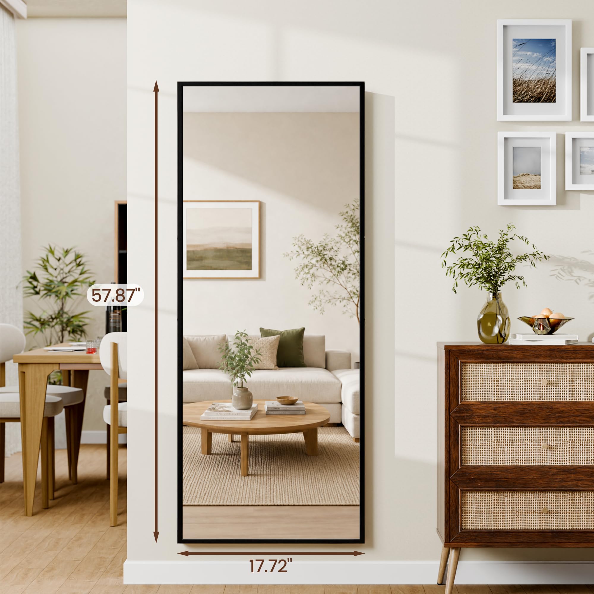 Condition photo showing New/Like New for 58"×18" full length mirror, shatterproof tempered glass floor mirror, alum alloy thin frame standing mirror with freestanding/leaning/wall mount for bedroom, living room & entryway, black