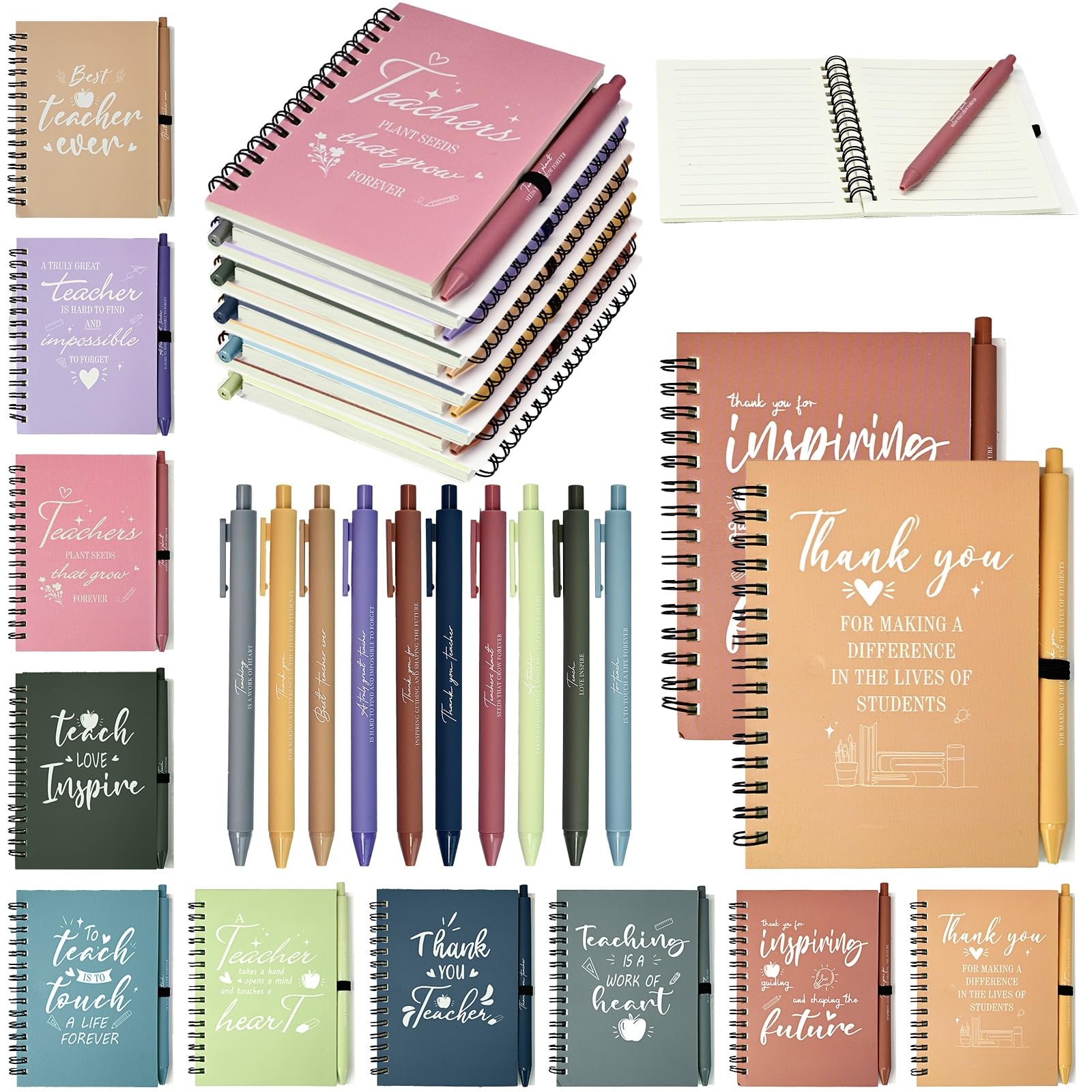 20 PCS Teacher Appreciation Gifts Inspirational Spiral Notebooks with Pens Thank You Gift for Teachers End of Term Teacher Appreciation Set Gift for Teacher Office Employee Supplies, Morandi Color