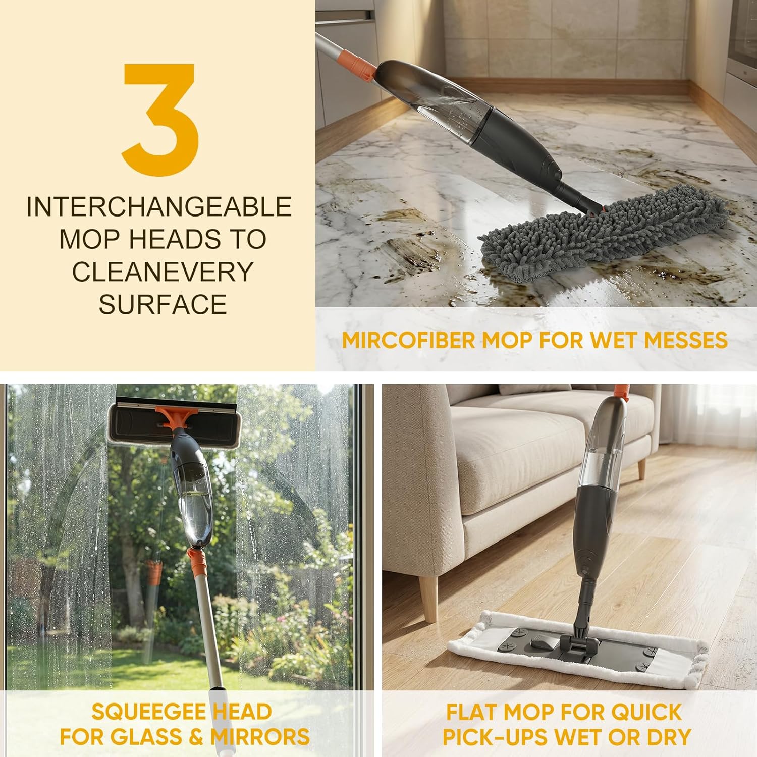 3-in-1 Upgraded Spray Mops for Floor & Window Cleaning with 3pcs Pads - Broom/ Mop/ Window Squeegee, Wet Dry Microfiber Mop with 520ml Bottle for Kitchen Wood Floor Hardwood Ceramic Tile Dust Cleaning