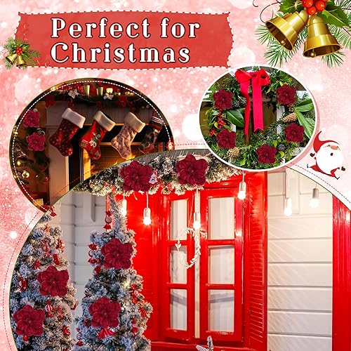 Miniatura 6 de 12 piezas de flores de Pascua de terciopelo de Navidad, magnolia burdeos, adornos de flores de magnolia artificiales con purpurina para cabezas