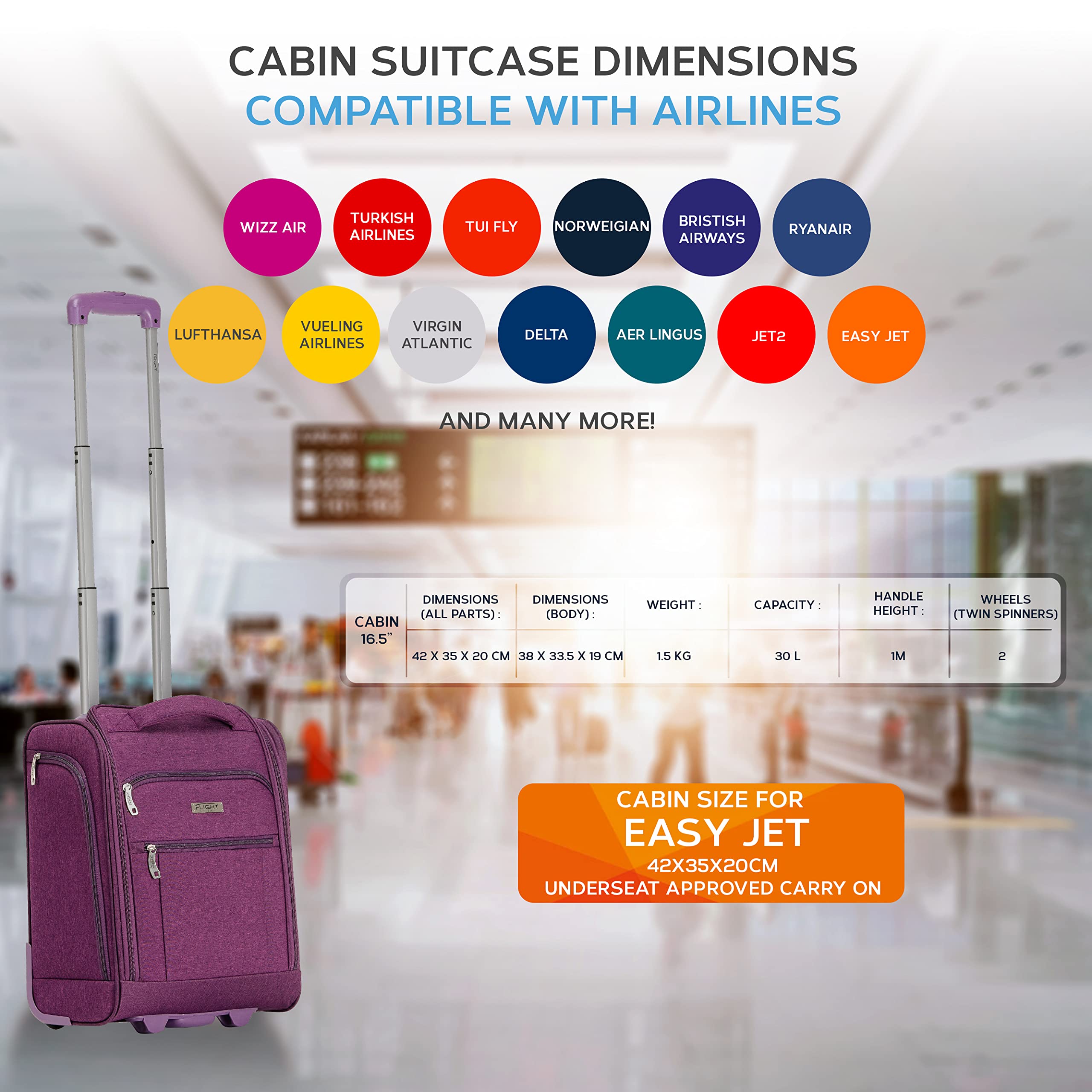Flight Knight easyJet Underseat Carry On Non Priority Approved Hand Luggage Case - 2 Wheels - Ultra Lightweight Durable Soft Case Textile Cabin Suitcase 42x35x20cm