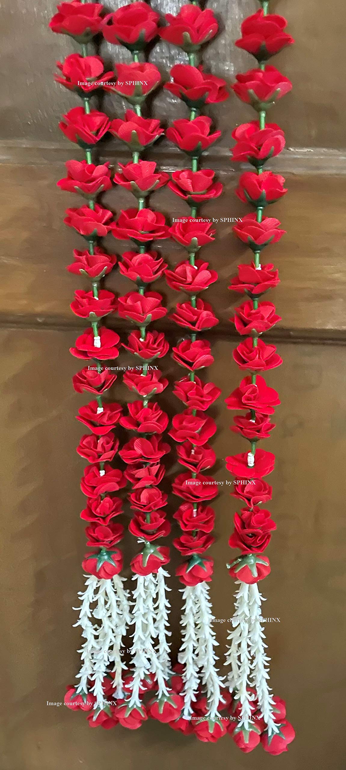Sphinx artificial velvet roses garlands with clustered tuberose (rajnigandha) for festive pooja wedding housewarming decorations approx. 2.5 ft (Red, 6)