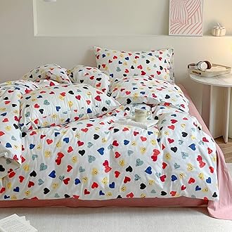 Heart Kids Duvet Cover Set Queen 100% Cotton Bedding for Boys Girls Teens Black Blue Red Yellow Hearts on White 1 Romantic Love Full Comforter Cover 2 Pillow Shams, Queen