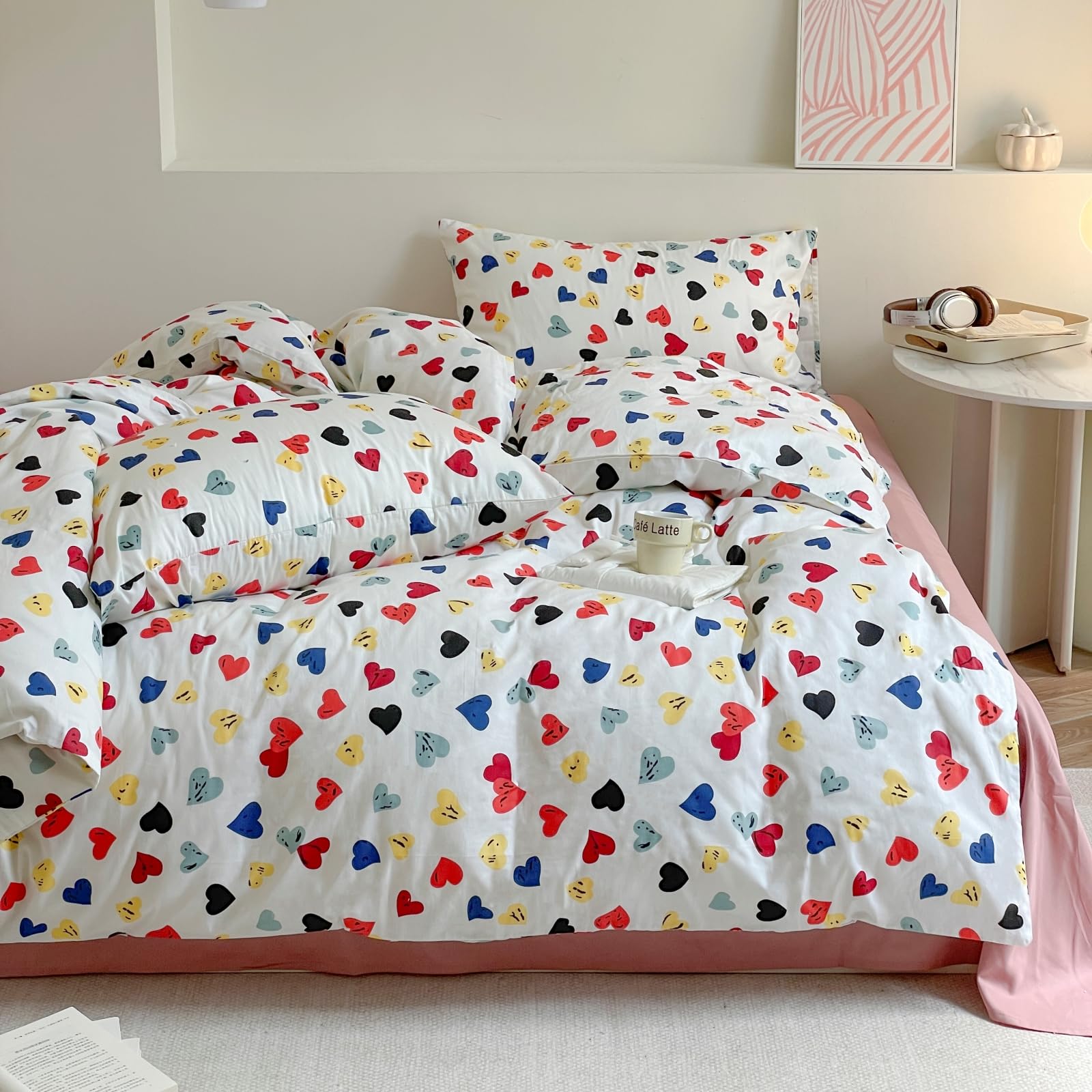 Heart Kids Duvet Cover Set Queen 100% Cotton Bedding for Boys Girls Teens Black Blue Red Yellow Hearts on White 1 Romantic Love Full Comforter Cover 2 Pillow Shams, Queen