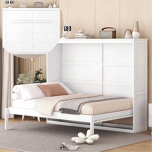 Merax Modern Farmhouse Solid Wood Murphy Bed Chest/Space Saving/Wood Slat Support/Full,White