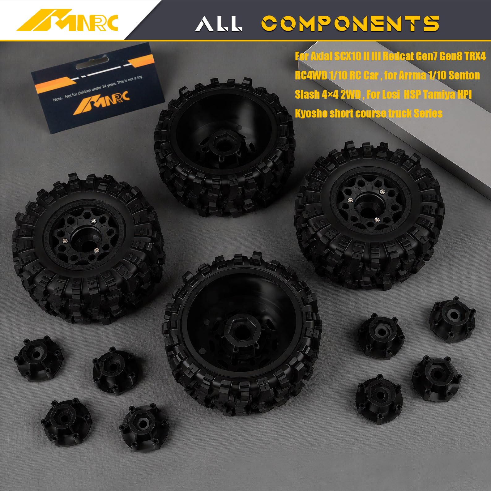 Ruedas de plástico RC para camión de curso corto y neumáticos de goma y kit hexagonal de 12 mm, 14 mm, 17 mm para 1/10 Axial SCX10 II III Redcat Gen7 Gen8 TRX4 Senton Slash 4×4 2WD Series