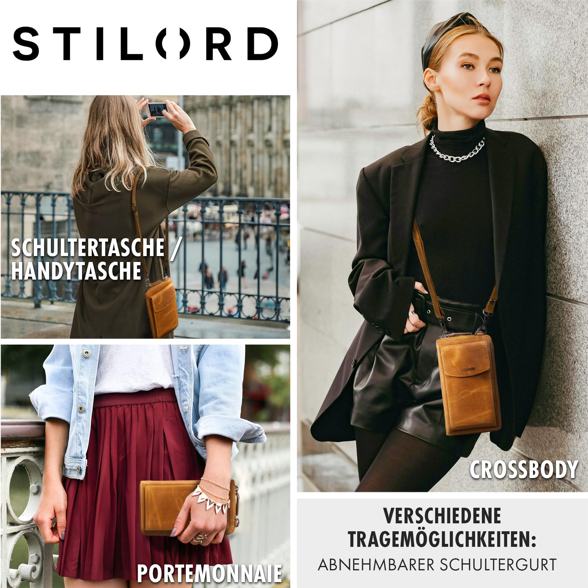 STILORD Damen Umhänge Geldbeutel aus Leder mit Handyfach - 2 in 1 Geldbörse Handytasche zum Umhängen - Crossbody Portemonnaie für Frauen Sarah Echtleder groß Farbe:Perugia-braun