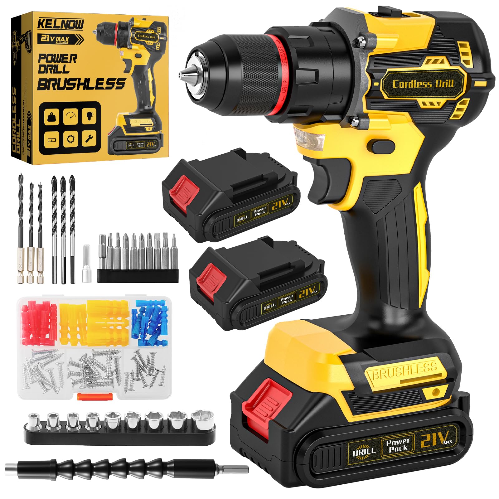 Brushless Cordless Hammer Drill Set, 21V Impact Drill Driver and Screwdriver Set with 2 Batteries, 25+3, 10mm Heave Duty DrillChuck, 2 Speed Power Combi Battery Drill Set with 87 Accessories for DIY