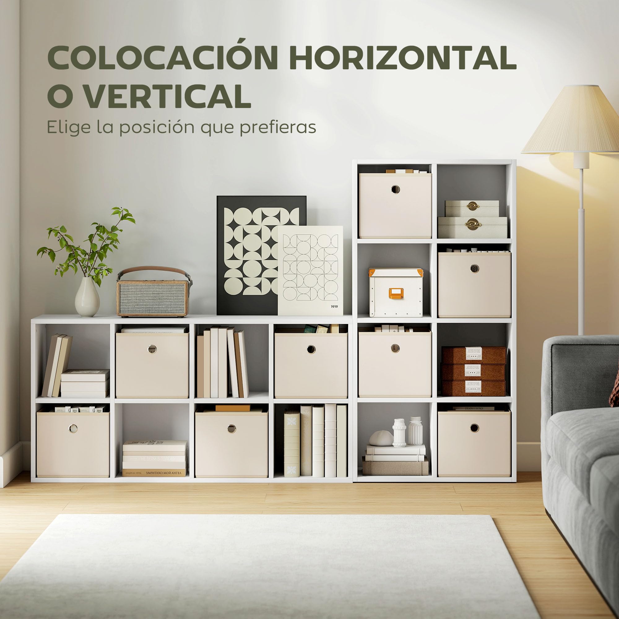 HOMCOM Estantería de 8 Cubos 4 Cajones Tela 105,9x30x53,7 cm Blanco y Beige | Librería, Estantería para Libros, Horizontal o Vertical, para Salón, Dormitorio, Estudio