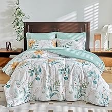 Botanical Bed in a Bag 7 Pieces Comforter Sheet Set with Green Leaves Queen Size Microfiber Summer White Bedding Set (1 Comforter 2 Pillow Shams 1 Flat Sheet 1 Fitted Sheet 2 Pillowcases)