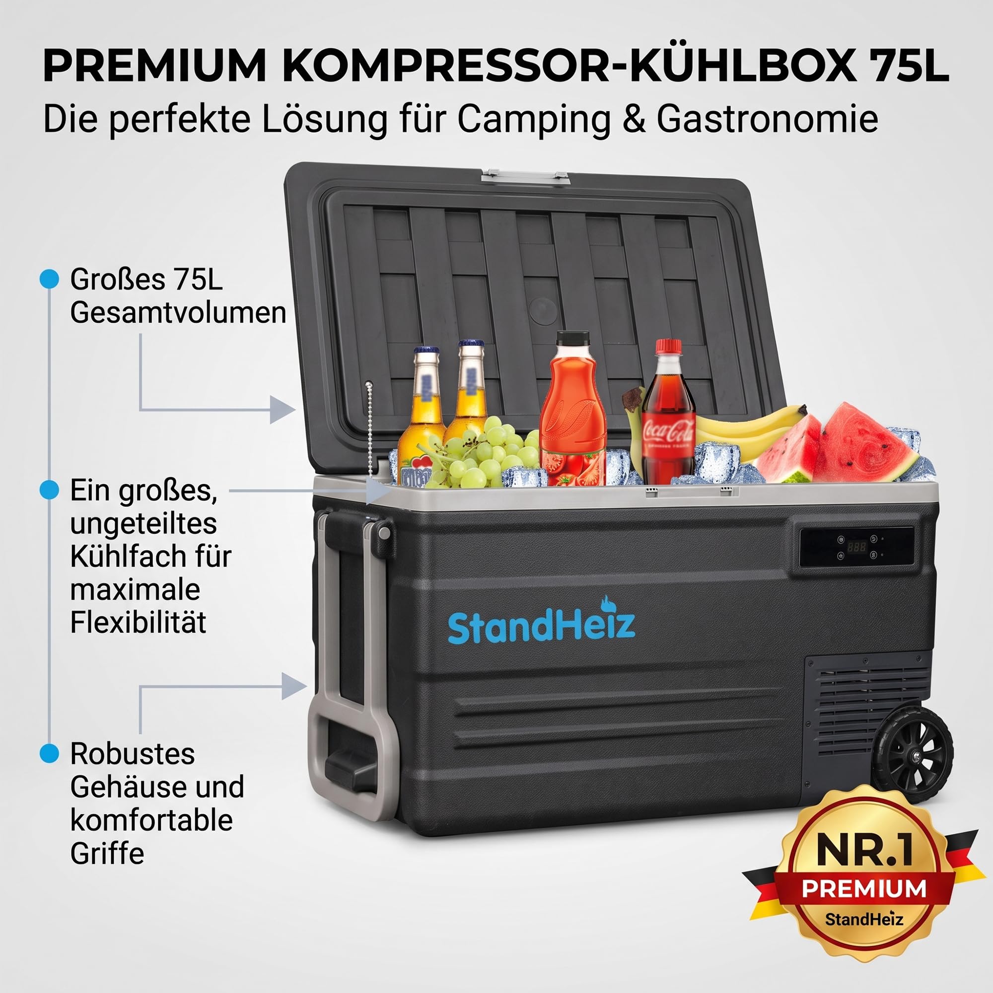 Kompressor Kühlbox 75L 12V 24V 230V APP-Steuerung Tragbare Auto Leise Kühlbox mit Gefrierfunktion bis -20°C, Leise Camping Kühlschrank für Auto, LKW, Wohnmobil, Camping Auto & Motorrad