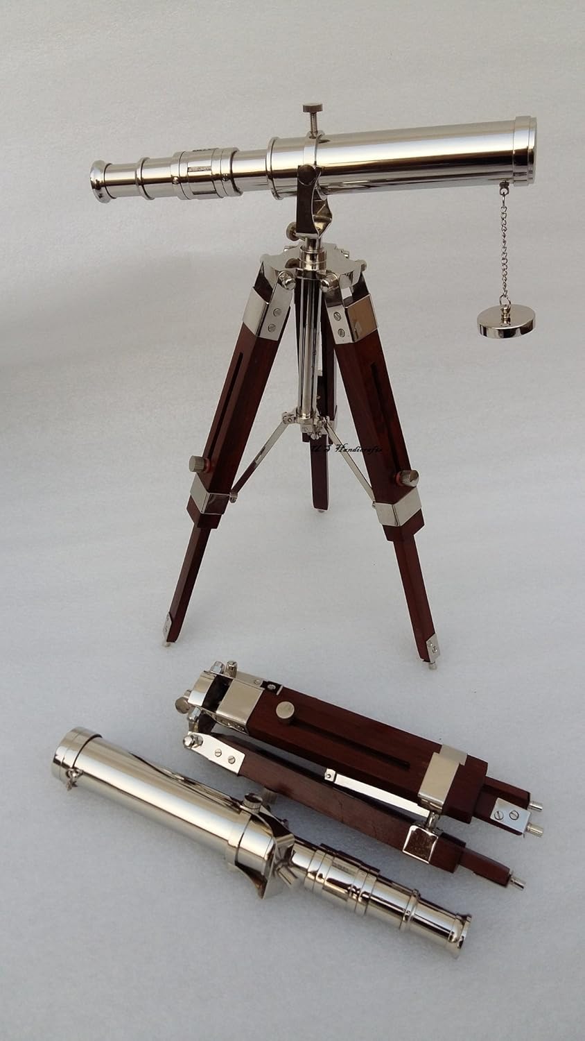 Vintage Brass Nickel on Tripod Stand – Chrome Desktop Telescope for Home Decor & Table Accessory, Nautical Spyglass for Navy & Outdoor Adventures