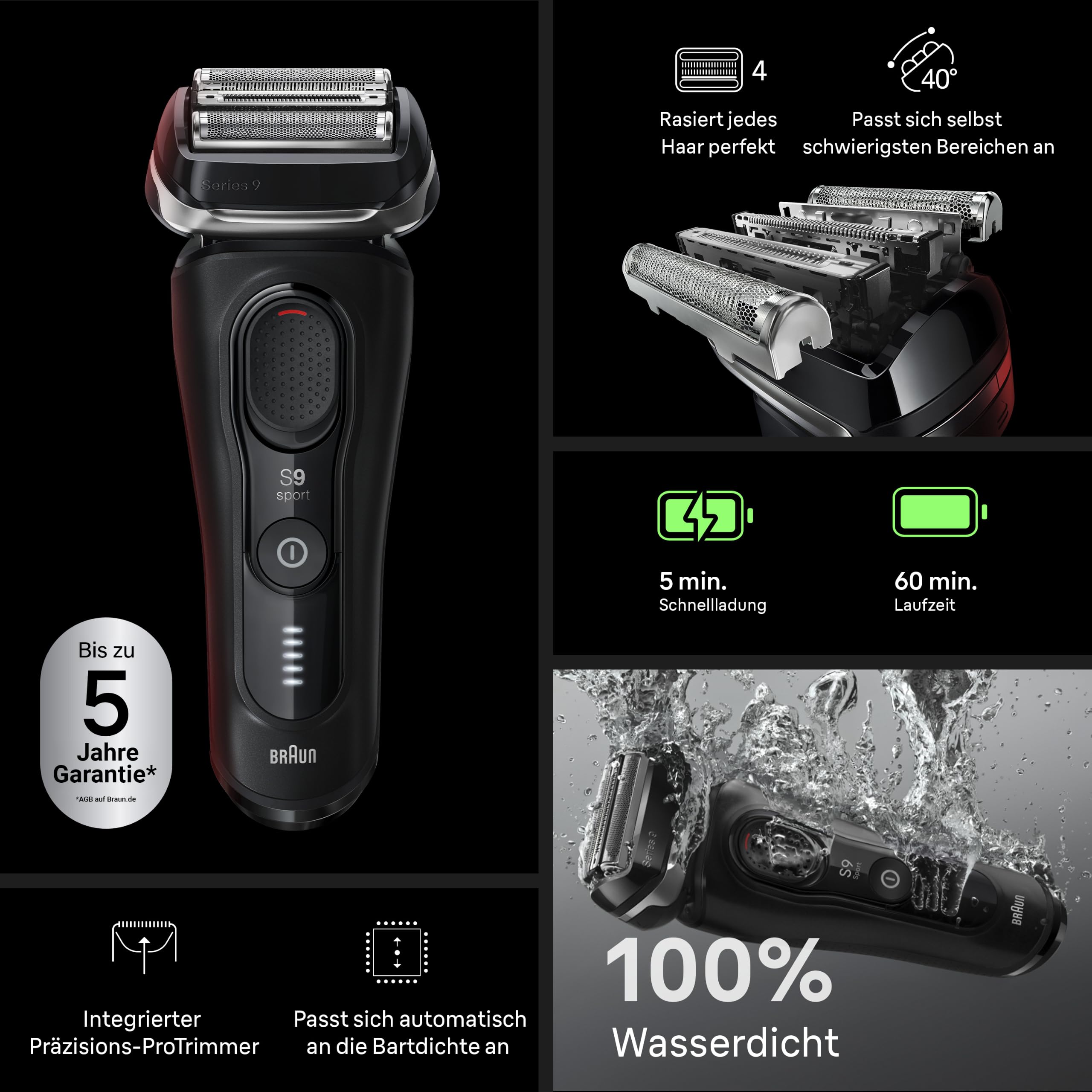Braun Rasierer Herren Elektrisch Series 9 Sport, 9110si, Schwarz | Elektrorasierer mit 4+1 Präzisionskopf, Barttrimmer mit 60 Min. Akku, Wasserdicht, Inkl. Reiseetui Und Ladeständer
