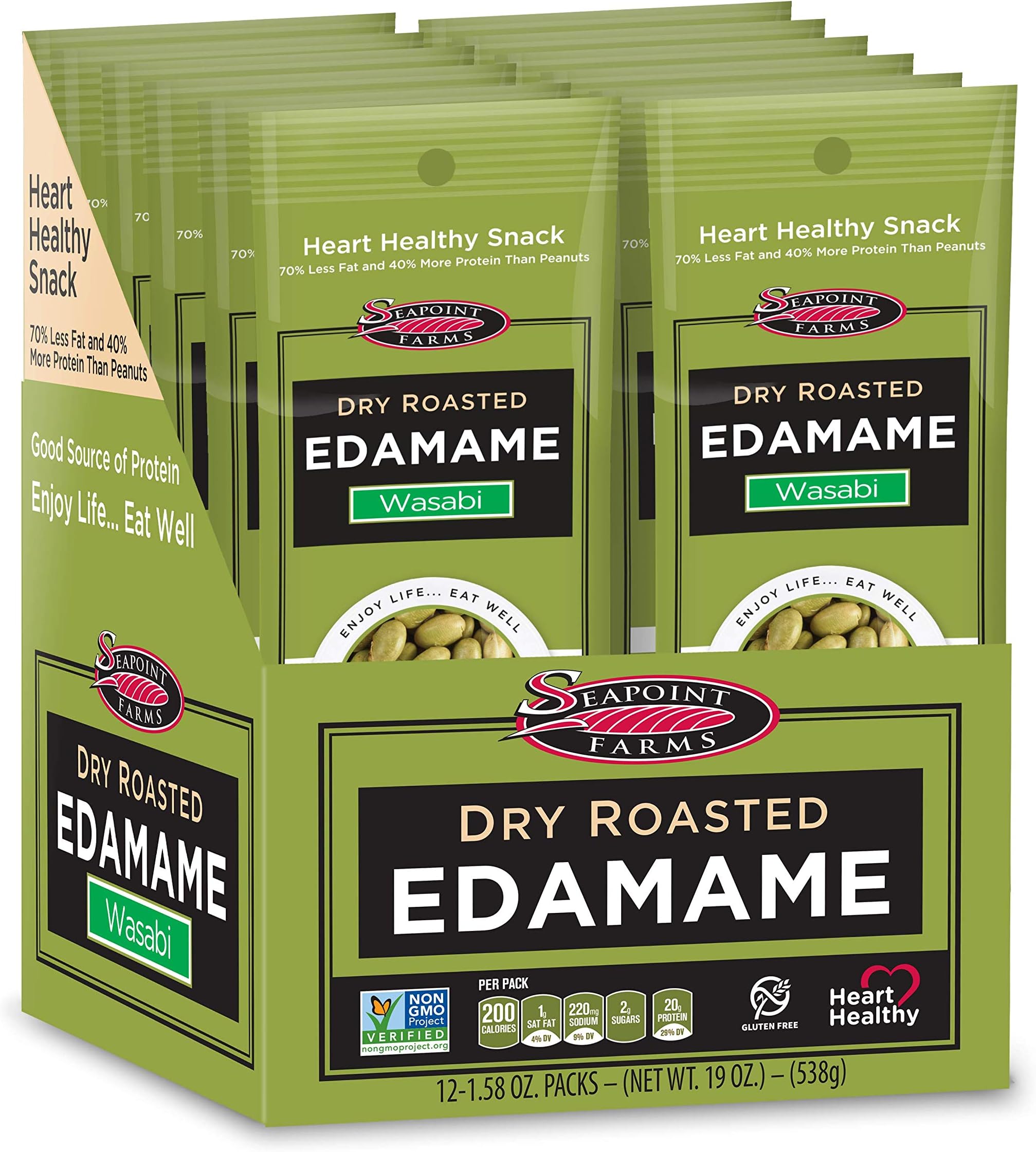 Seapoint Farms Dry Roasted Crunchy Edamame, Plant Based Snack, 20g Protein, 3 Ingredients, 0 Added Oils, Vegan, Gluten Free, Kosher, Keto Friendly, Non-GMO, On-the-Go Snacking, Wasabi, 1.58 oz (Pack of 12)