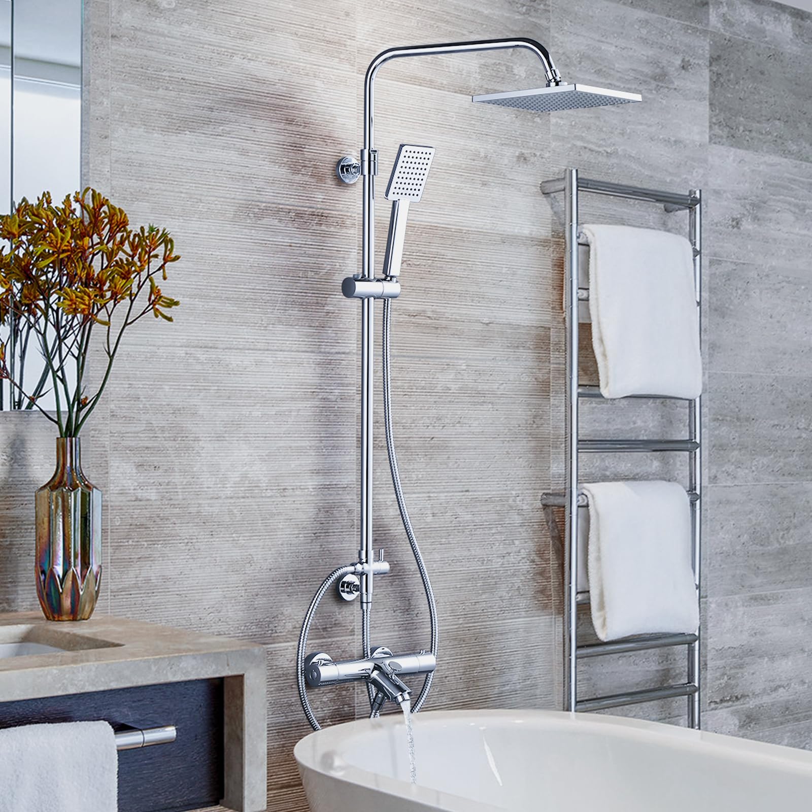 ARCORA Set Doccia Termostatico Completo, Sistema Doccia, Rame e Acciaio Inox, Miscelatore Vasca Doccia Termostatico 38℃, 3 Modalità di Erogazione, Cambio Facile Doccia-Vasca, Cromato