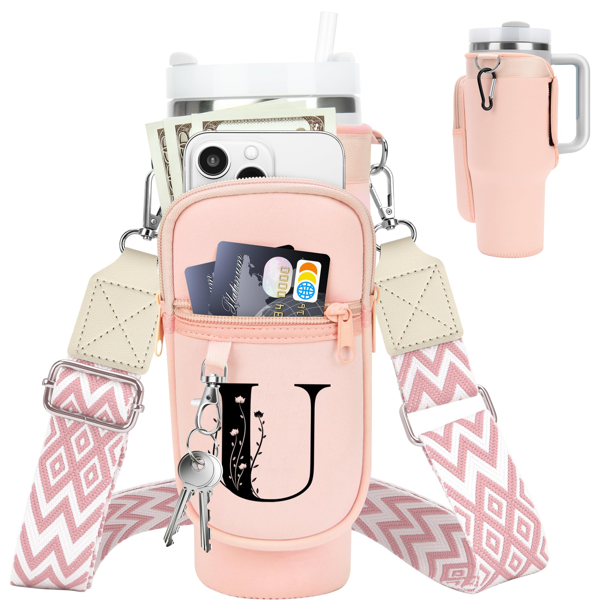 Initial Water Bottle Holder with Strap for Stanley Cup 40 oz Tumbler