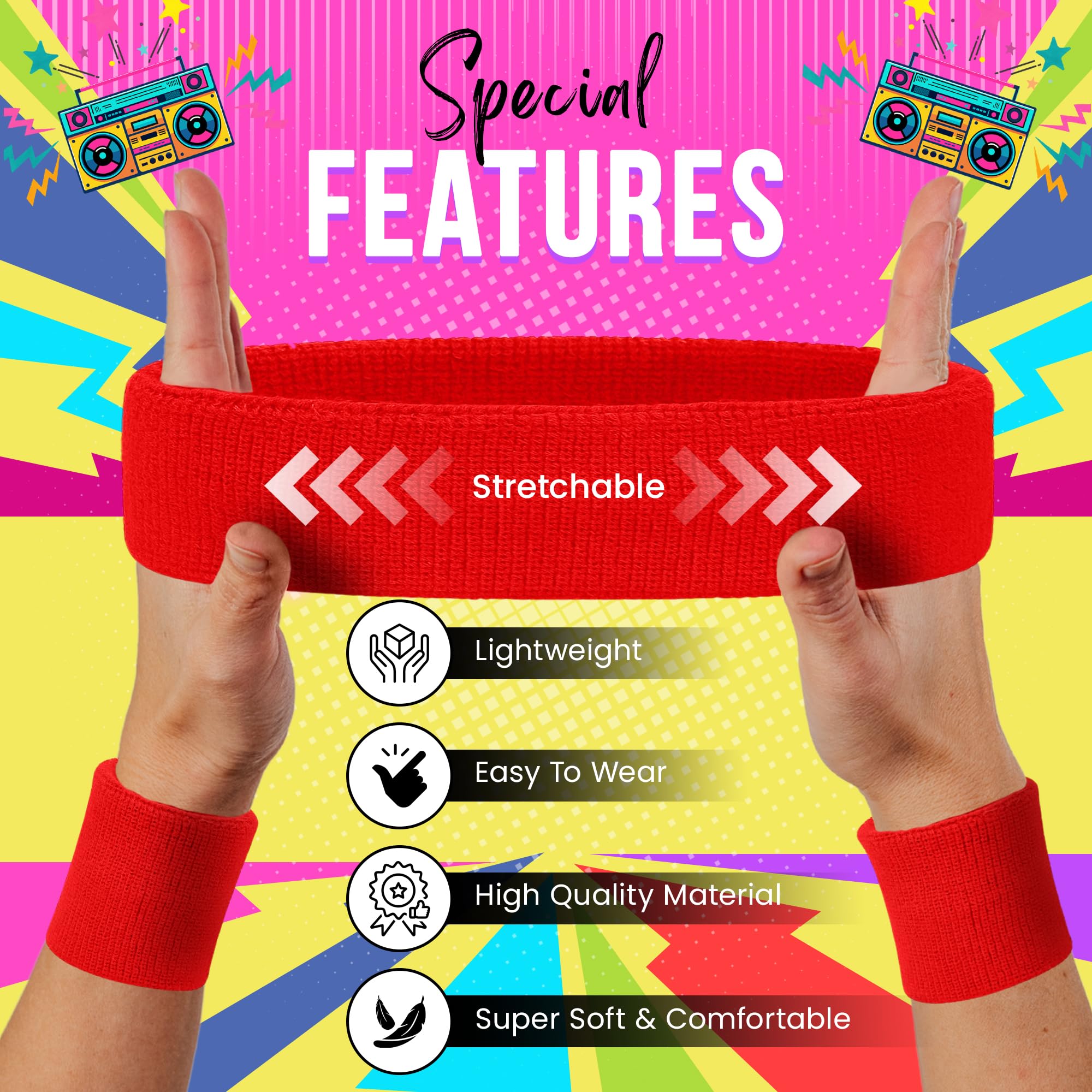 Bandeau Cheveux Set Bandeaux Et Bracelets Fluo Années 80 - 15 Pièces - Coton Absorbant - Pour Sport Et Fête Bracelets Années 80