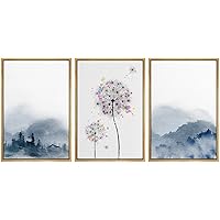 SIGNWIN Framed Canvas Print Wall Art Misty Mountain Forest & Paint Dot Dandelions Floral Plants Mixed Media Modern Art Rustic Relax/Calm Duotone for Living Room, Bedroom, Office - 16