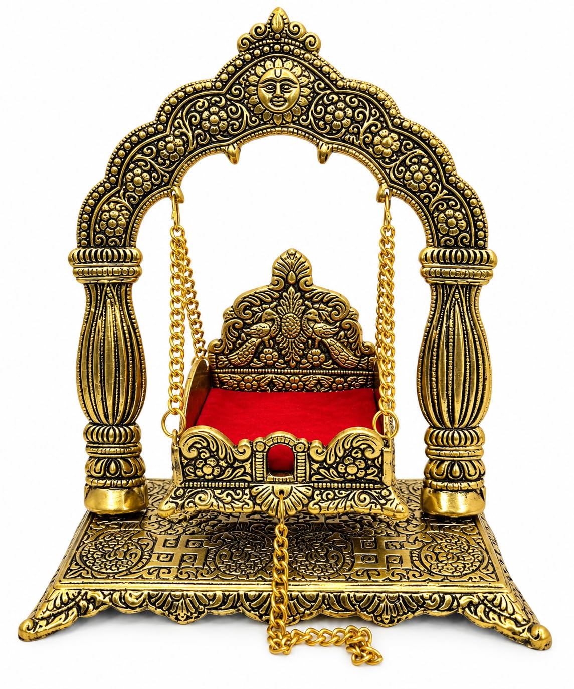 Surya Mehrab Laddu Gopal Jhula Antique Gold Finish | Traditional Carvings, Temple-Inspired Design, Red Velvet Seat, Janmashtami Decor, Worship Accessory-image-43