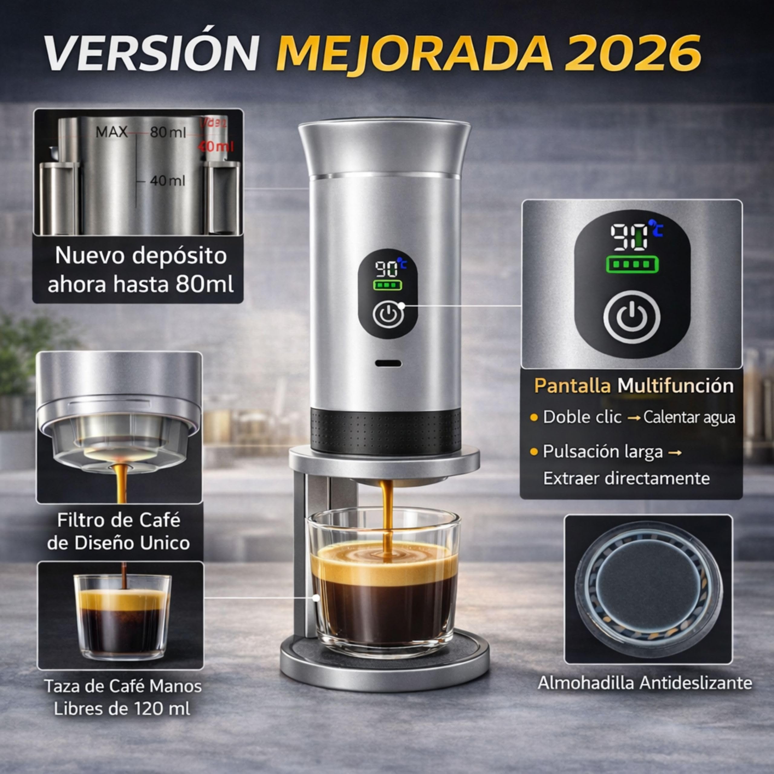 Cafetera Portatil Capsulas compatible con Nespresso Dolce Gusto y Café Molido - Versión Mejorada 2026 - Coffe Machine - Maquina de Cafe Portátil Cápsulas Universal Con Pantalla LED y Más Capacidad