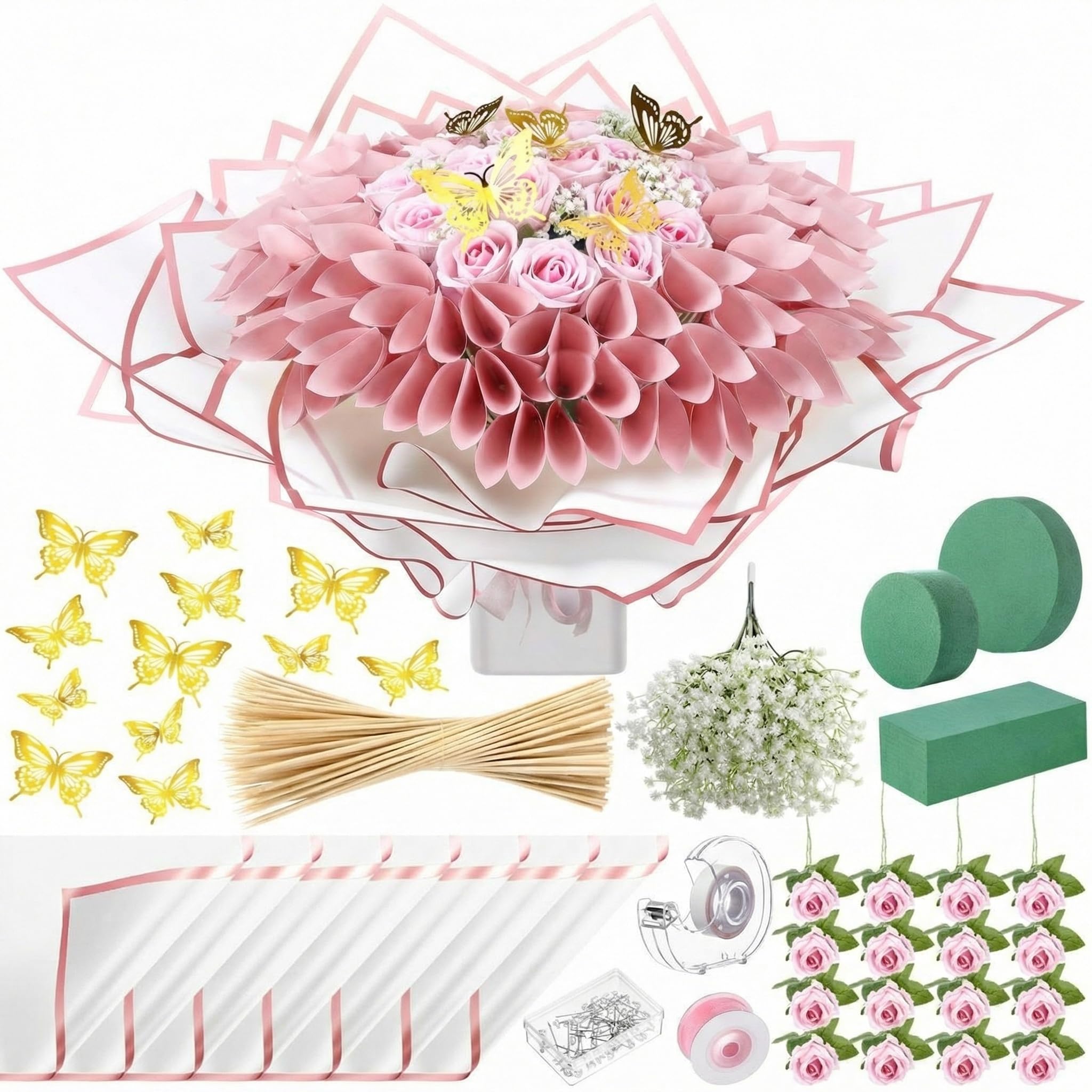 Photo 1 of Marspark Graduation Money Bouquet Flower Kit Gift Included 20 Sheet Flower Wrapping Paper 36 Fake Flowers 100 Bamboo Skewer Floral Foam Block for Mother's Day Anniversary Wedding(Pink,Classic)