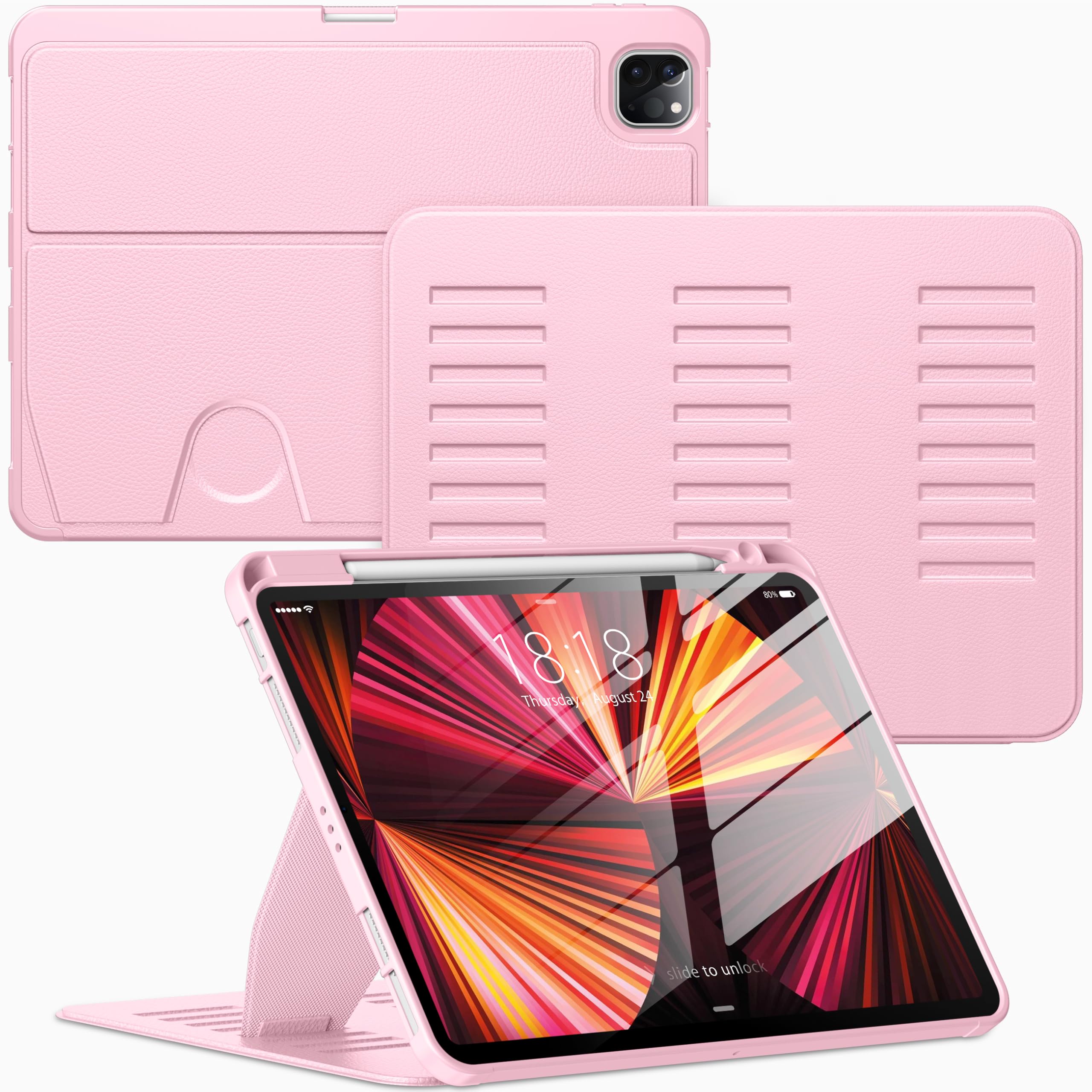VIKESI Case for iPad Pro 11 Inch 4th / 3rd / 2nd / 1st Generation 2022/2021/2020/2018,Multiple Angles Stand Cover,Soft Back,Pencil Holder,and Auto Sleep/Wake,Pink