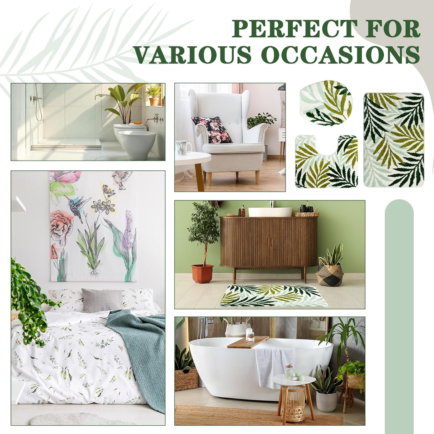 Tinideya Bathroom Rugs Sets 3 Piece, Non Slip Water Absorbent Plush Leaf Bathroom Rugs and Adjustable Toilet Seat Covers Decorative Mats for Bedroom Living Room - Image 6