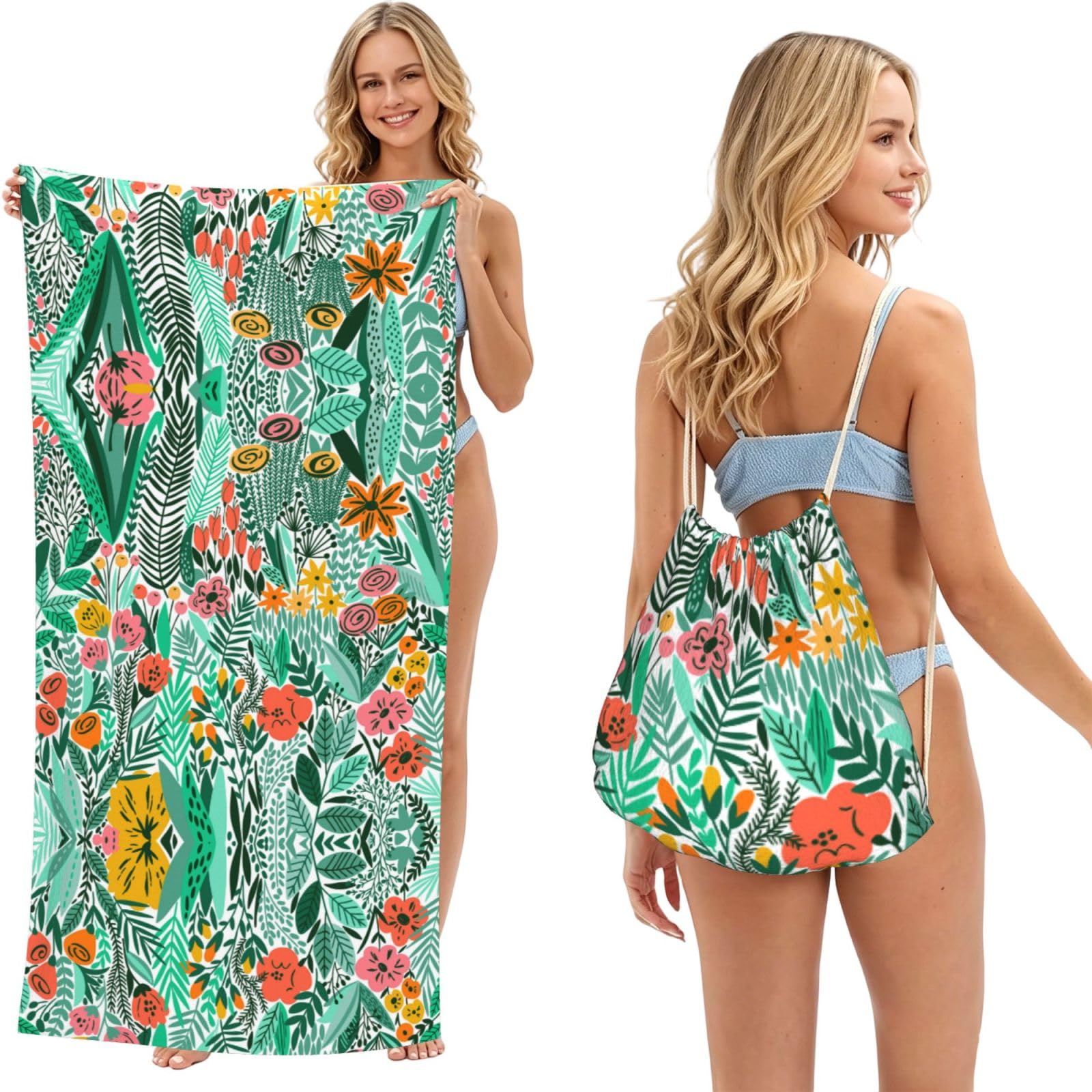 SATUSA Tropical Floral Print 2-In-1 Foldable Beach Towel Backpack â€“ Camping, Yoga And Travel,Bath Towel With Built-In Storage, Convertible Beach Mat & Carry Bag